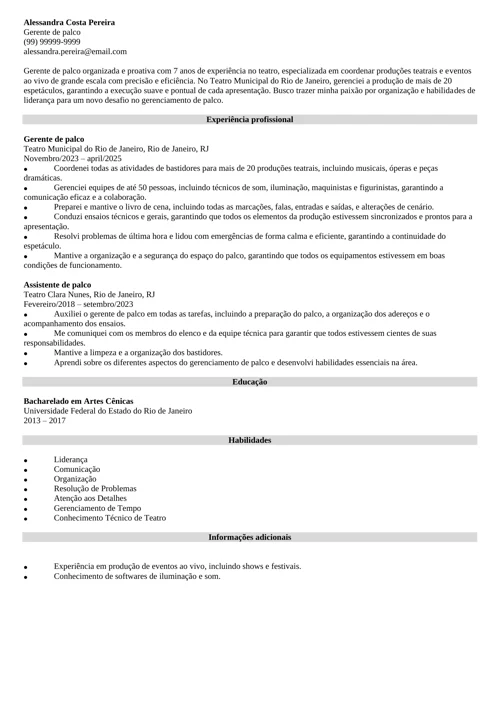 modelo de CV de gerente de palco